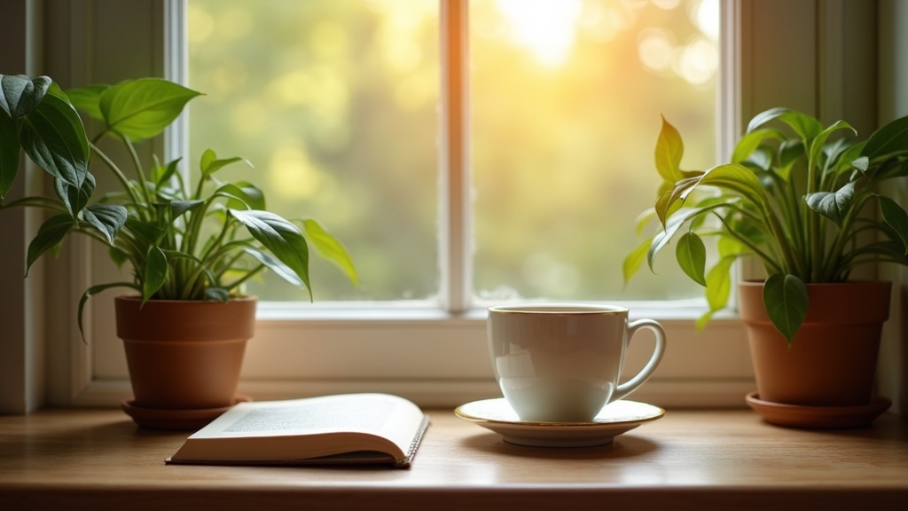 A cozy morning scene with a mug of tea, a book, and lush houseplants by a sunlit window, symbolizing daily wellness rituals.