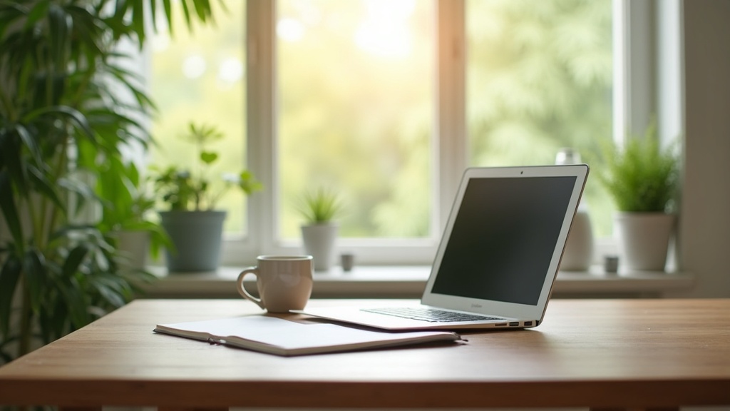A peaceful workspace with plants, sunlight streaming in, and a closed laptop next to a mug—a symbol of work-life balance.