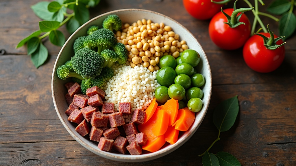 colorful, balanced meal bowls with vegetables, grains, and proteins on a rustic table featuring wholesome ingredients