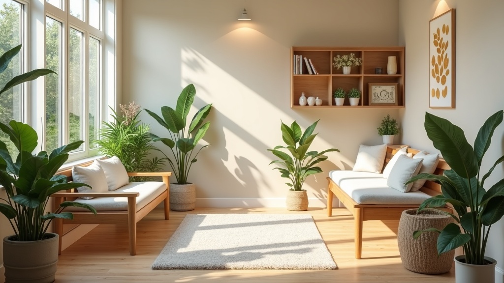 Cozy wellness business interior with calming decor, plants, and peaceful lighting. Modern styled space to inspire comfort and relaxation.