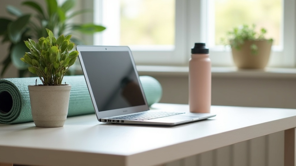 Office desk, laptop, green plant, yoga mat, and water bottle in a modern workspace.
