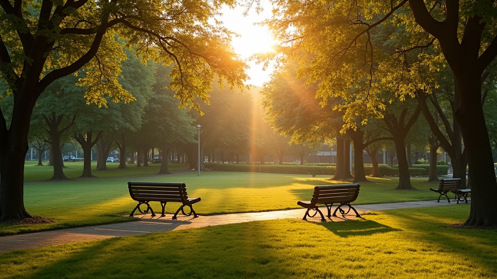 Sunny outdoor scene showing a park with exercise equipment, benches, and trees in the early morning and evening.